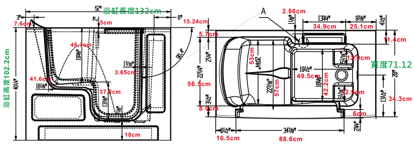 開門踏入式安潔浴缸- 2852W尺寸圖